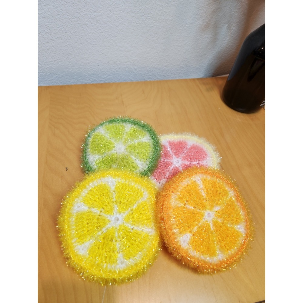 Handmade Crochet Citrus Slice Scrubby Set 4pc Lemon Lime Orange Grapefruit 4.5"